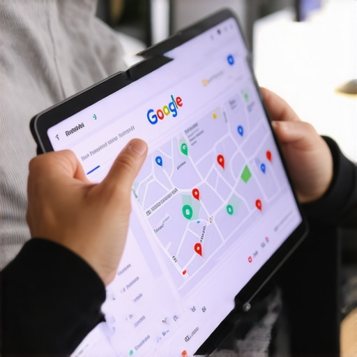 Expert Analyzing Local SEO Data A digital expert reviewing local SEO analytics and Google Maps data on a tablet.