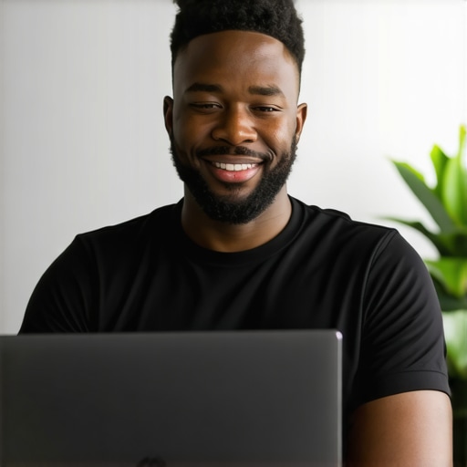 Business owner working on Google My Business profile with community backdrop.