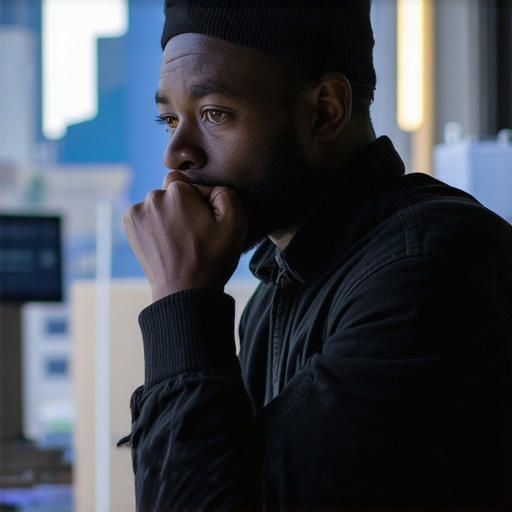 A person analyzing digital marketing strategies with city skyline in background
