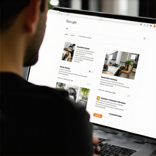 Business owner improving Google My Business profile on a laptop with local search results displayed