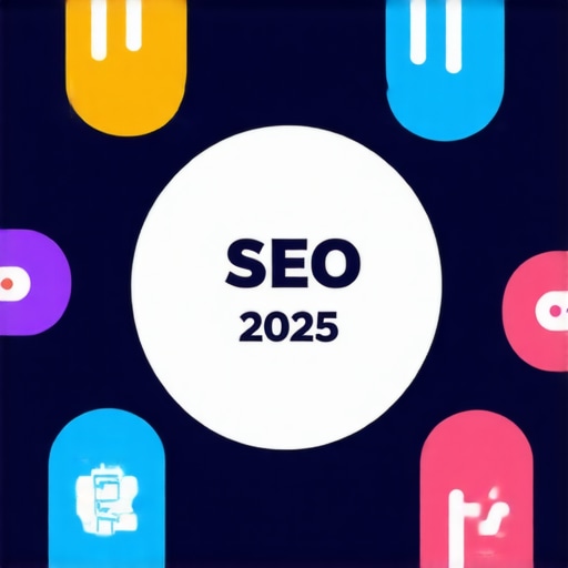 Illustration of local SEO tactics like keyword research, AI personalization, privacy, visual search, backlinks, and analytics.