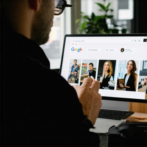 Business owner optimizing Google My Business profile with photos and details in a city setting