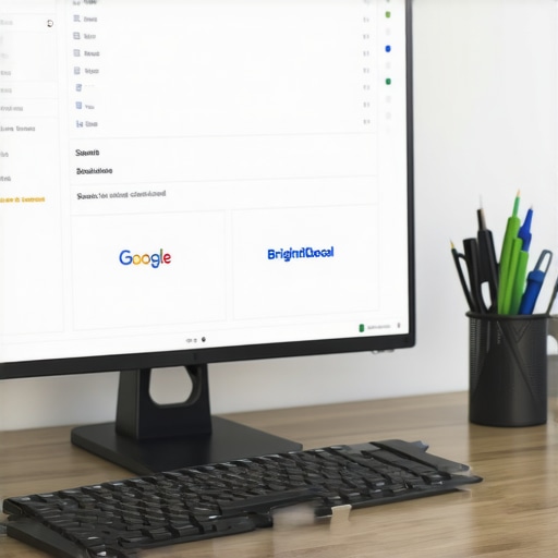 Desk with multiple SEO analytics tools on computer screens.