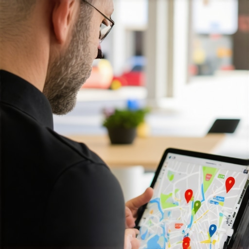 Business owner managing local business listings on a tablet, with maps and directories in the background.