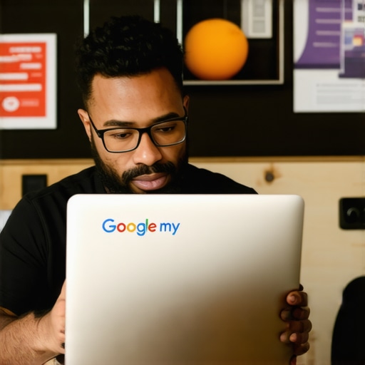 Business owner updating Google My Business profile on a laptop with local signage nearby.