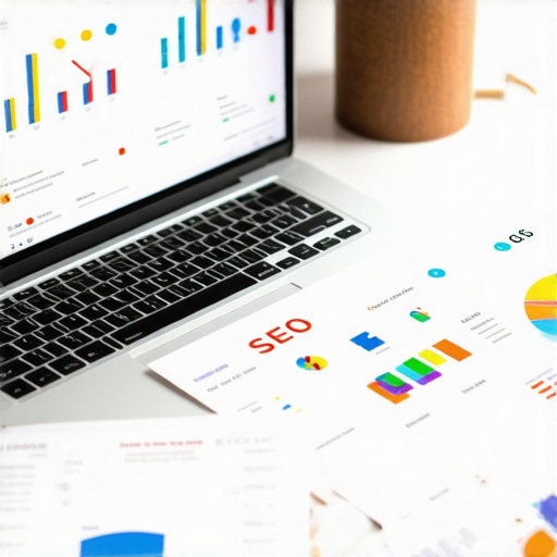 Desk with SEO analytics tools and marketing guides for local SEO maintenance.