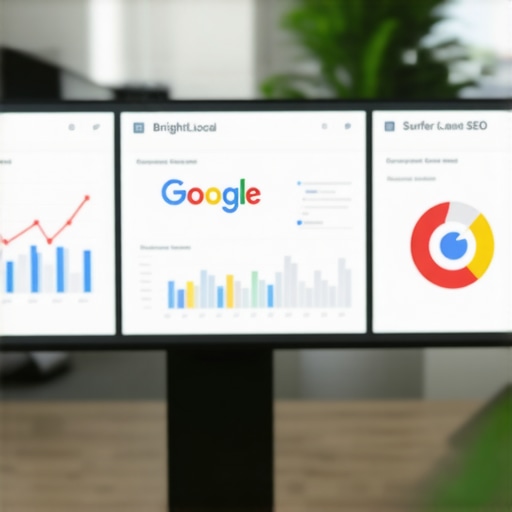 A workspace with screens displaying local SEO analytics and reports.