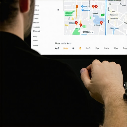 A person working on a laptop with charts and Google Maps analytics on the screen.