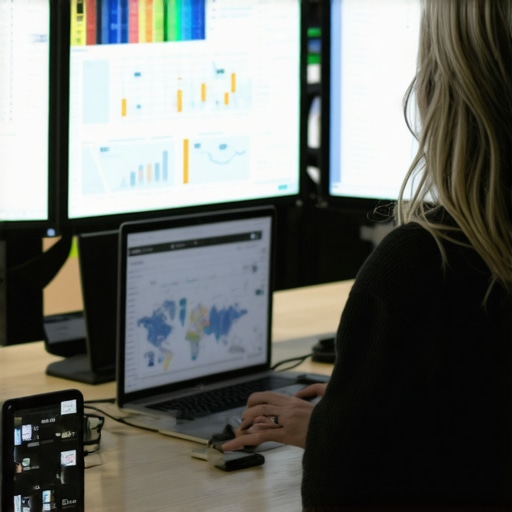 Analyzing Local SEO Data A professional reviewing local SEO analytics on monitors for ongoing optimization.