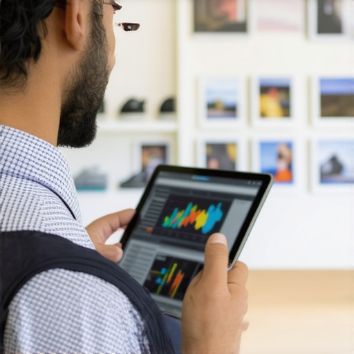 Business owner reviewing offline and online analytics for local SEO strategies.