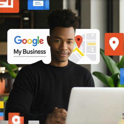 Business owner updating Google My Business profile on laptop with local SEO icons.