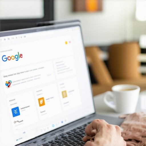Business owner editing Google My Business profile on laptop with local SEO icons