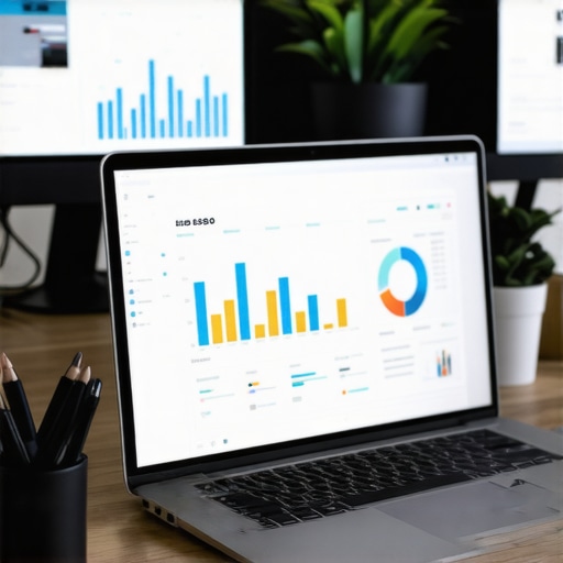 A workspace with SEO analytics software and data charts showing local search performance.