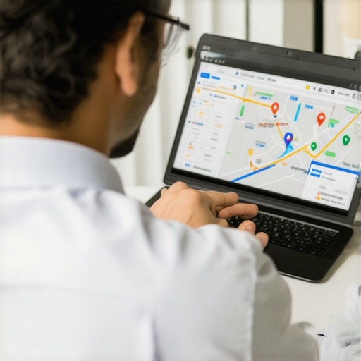 Person analyzing local SEO analytics on computer displaying Google Maps statistics.