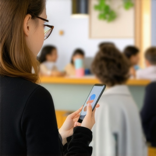 Business owner actively engaging with customers through their Google My Business profile with a lively local environment in the background.