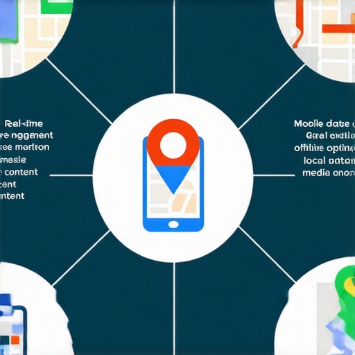 Illustration of a digital map with icons representing engagement, mobile, data, media, and local signals.
