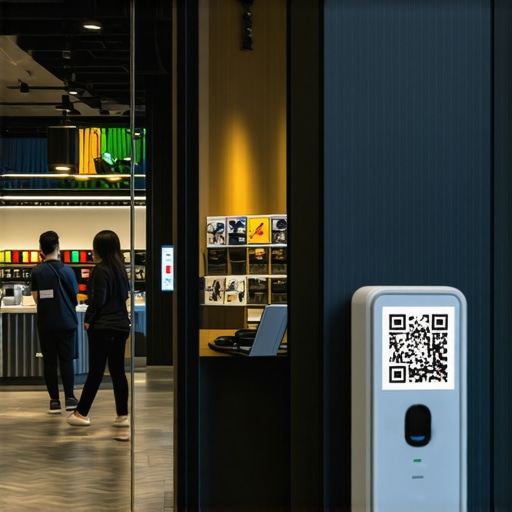 A retail storefront with digital check-in stations and QR codes for local engagement.