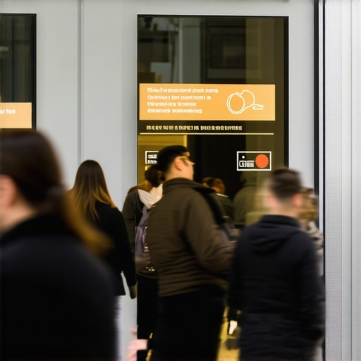 Digital display showing store status and customer traffic analytics.