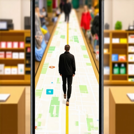 Storefront with augmented reality overlay displaying live customer activity and map signals.