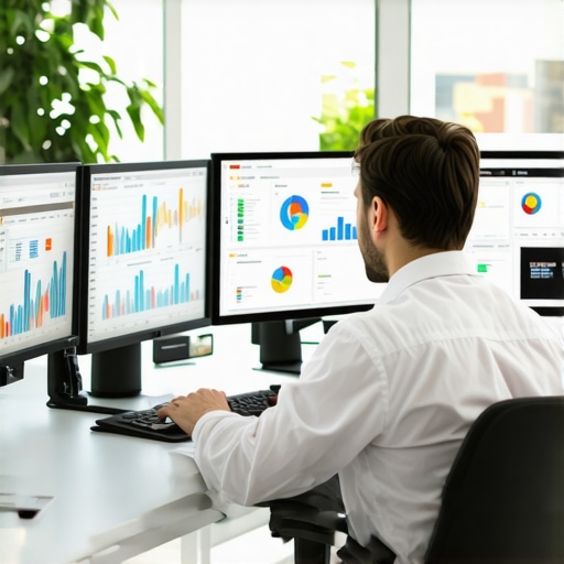 Digital marketer analyzing real-time local SEO data with multiple screens showing analytics and sensor metrics.