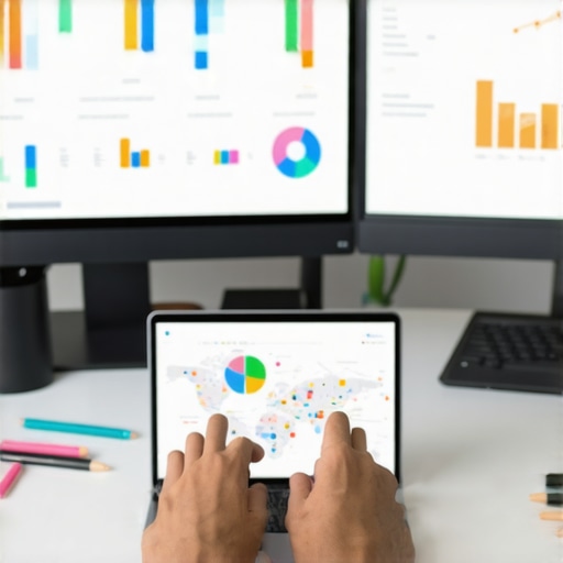 Person analyzing local SEO data on multiple screens with maps and graphs.