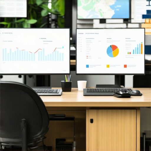 An organized office setup showcasing SEO analytics and local search monitoring tools.