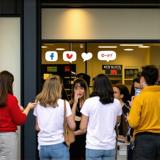 Customers interacting with business through social media and live chat on devices outside a busy store.