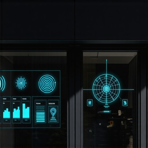 A storefront with digital overlays showing real-time data and augmented reality cues for local SEO.