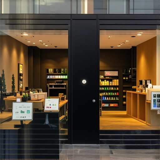 A smart storefront equipped with IoT devices monitoring foot traffic for SEO benefits