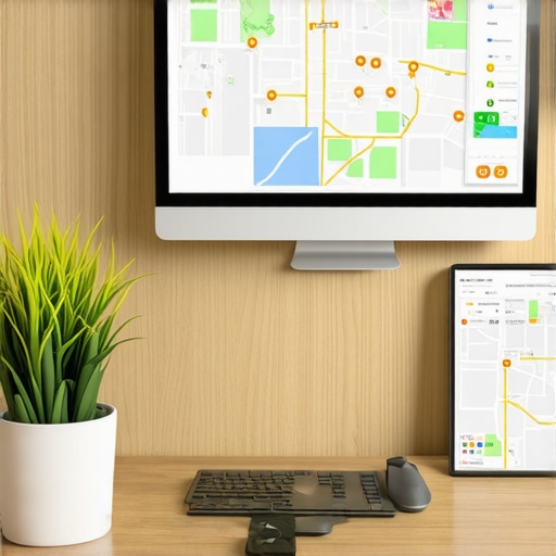 Modern Workspace Optimized for Local SEO A clean desk with screens showing Google Maps, analytics dashboards, and content tools for local SEO management.